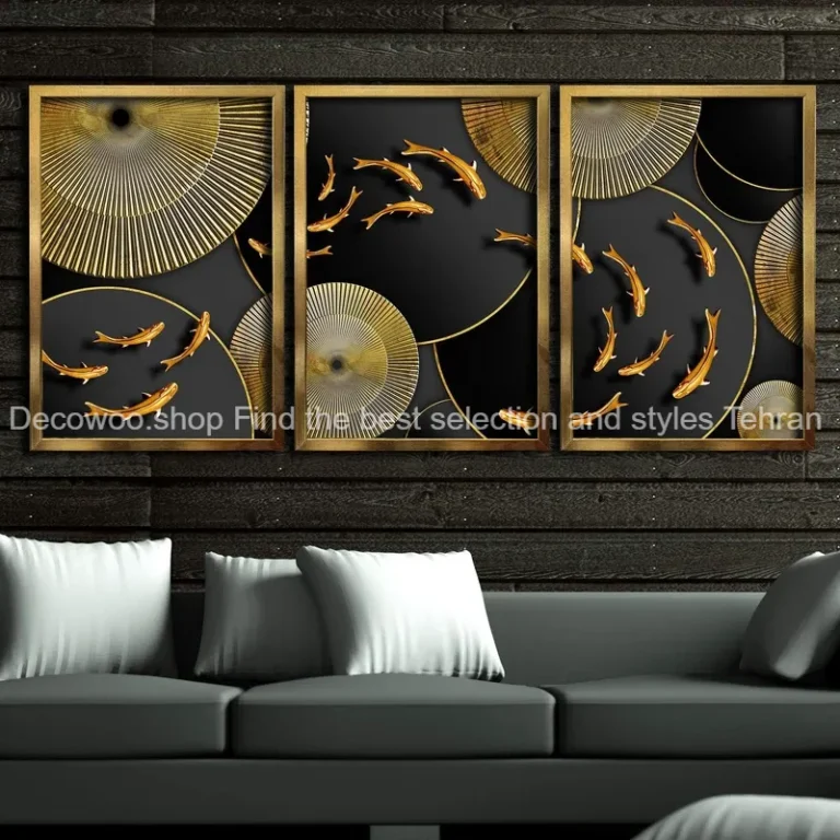 تابلو طرح دکوراتیو و طلاکوب نقش ماهی مدل T-614 مجموعه 3 عددی