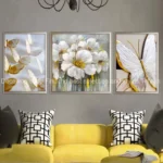 تابلو طرح نقاشی گل و پروانه طلایی مدل BE-427 مجموعه 3 عددی