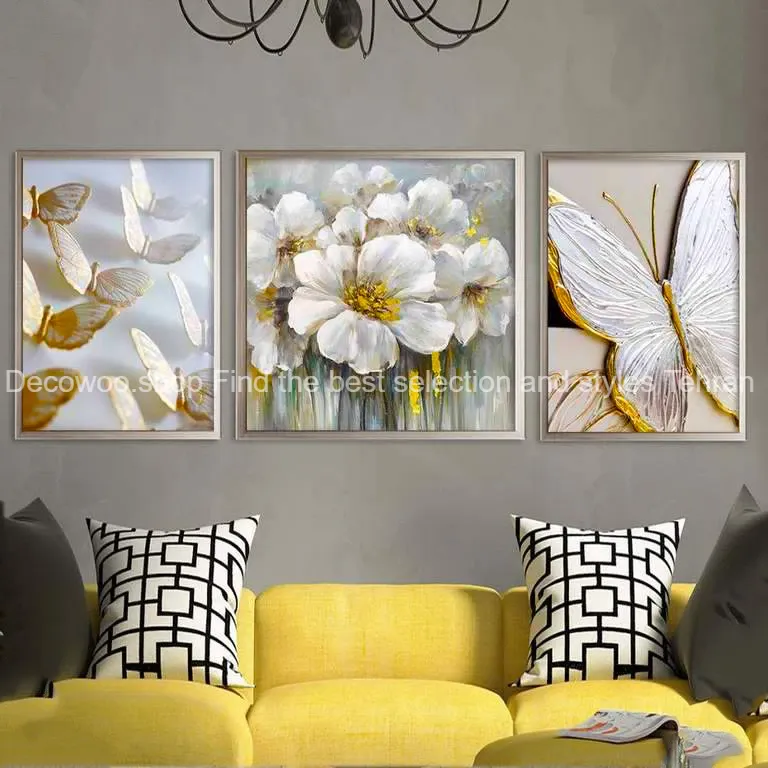 تابلو طرح نقاشی گل و پروانه طلایی مدل BE-427 مجموعه 3 عددی