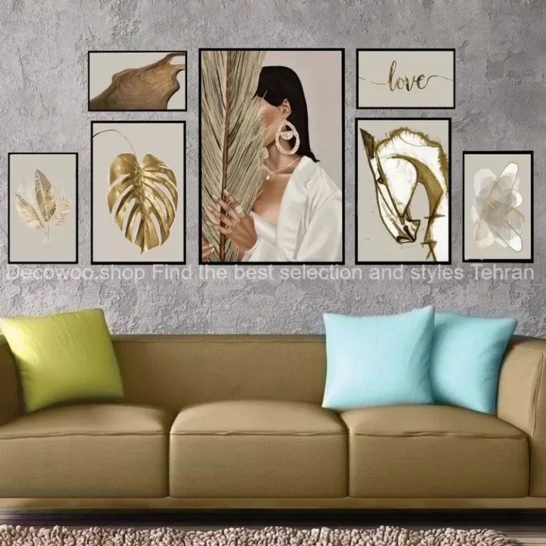 تابلو طرح چهره و برگ انجیری مدل شاین اکلیلی B-2208 فریم مشکی مجموعه 7 عددی